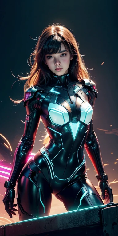 Realistic 8k.Picture only of the upper part,high resolution, Bright glare,1 woman, alone, hips up, half body,(detailed face), brown hair, long hair, Mecha Musume, mechanical parts, robot joint, single mechanical arm, Mechanical radius, Bikini body suit with many neon lights,A white bodysuit has several neon bulbs.,The chest armor body kit has 4 large electric bulbs.,With colorful lights There was a bright purple light.(Very bright)Colorful beams of light shoot from the armor.,Light radiated from the armor.,,  city at night