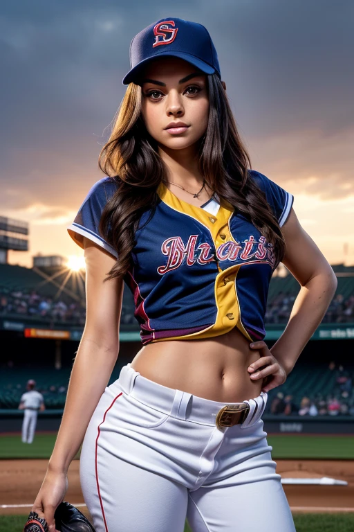 a gorgeous Mila Kunis, age 25, wavy hair in the wind. she's a men magazine model, She has a subtle smile and flirts with the camera, (she wears a baseball uniform with full length pants and baseball cap:1.2), (she is a pitcher standing on the pitchers mound:1.3), background baseball stadium, large crowd, sundown lighting, perfect eyes, perfect hands, perfect body, perfect hair, perfect breasts, large breasts, hair behind ear, UHD, retina, masterpiece, accurate, anatomically correct, textured skin, super detail, high details, high quality, award winning, best quality, highres, 16k, 8k, (full bodyshot:1.1), (full length photo:1.15),