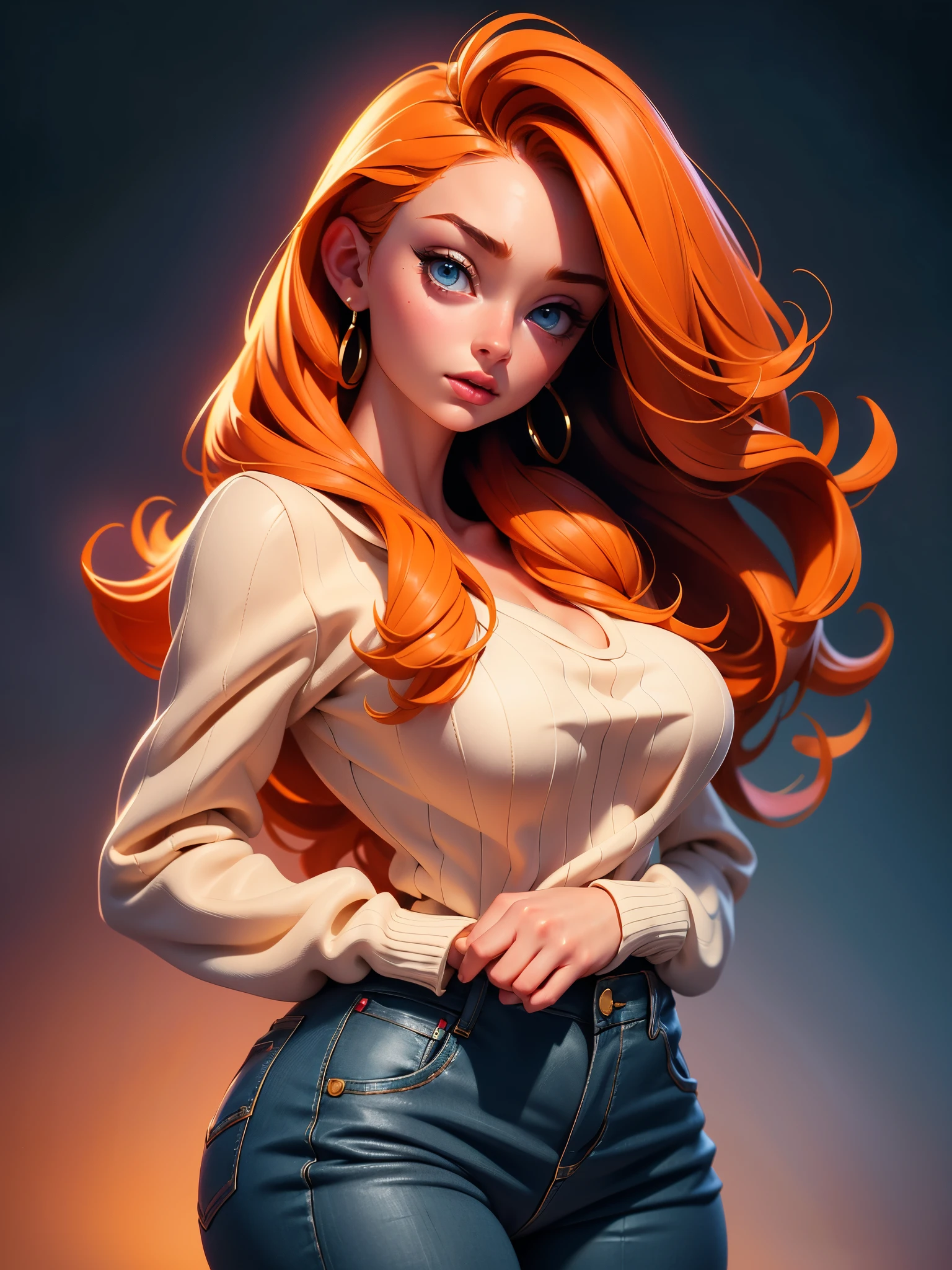 best quality, ultra high res, (photorealistic:1.4), 1girl Sophie Turner, long sleeve grey sweater, (full body), (closeup), wide angle, (low angle), (busty), ((huge breasts)), large breastrown long ginger hair:1.3), (looking at viewer),  