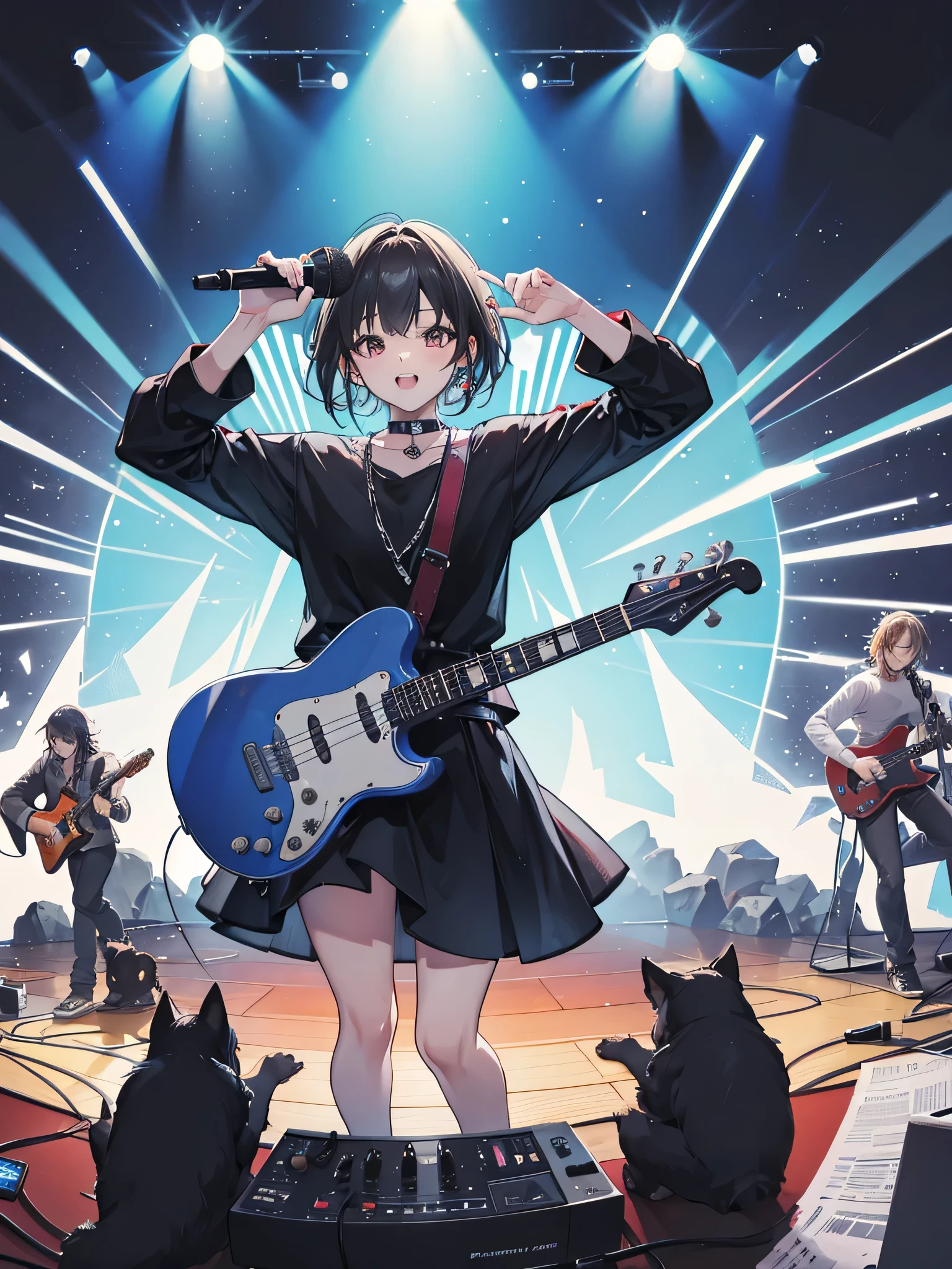 A group of dogs, a rock band, a performer singing, guitar, bass, microphone, DJ