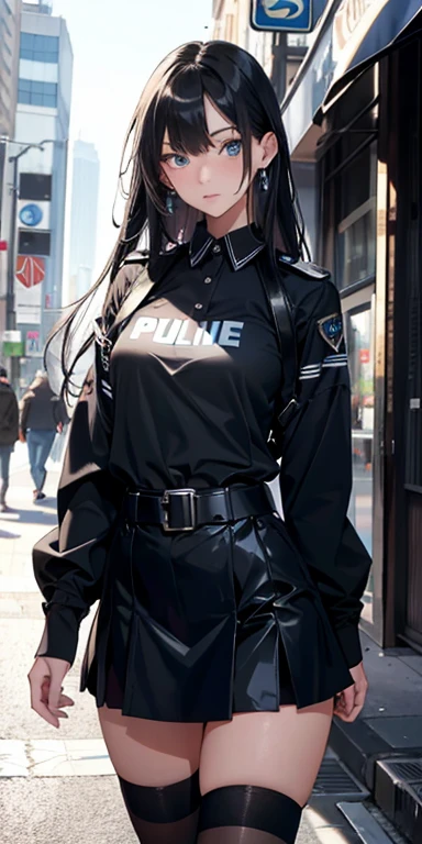 Ridiculous resolution, high resolution, (masterpiece:1.4), Ultra Detailed, 1 girl,blue eyes, long black hair，Wear a police uniform and a short skirt, City Streets,Sexy pose, The camera is close to the body
