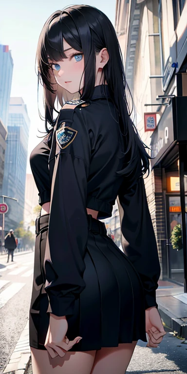 Ridiculous resolution, high resolution, (masterpiece:1.4), Ultra Detailed, 1 girl,blue eyes, long black hair，Wear a police uniform and a short skirt, City Streets,Sexy pose, The camera is close to the body
