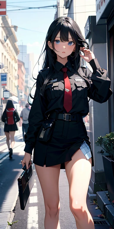 Ridiculous resolution, high resolution, (masterpiece:1.4), Ultra Detailed, 1 girl,blue eyes, long black hair,Wear a police uniform and a short skirt, City Streets,Sexy pose, The camera is close to the body