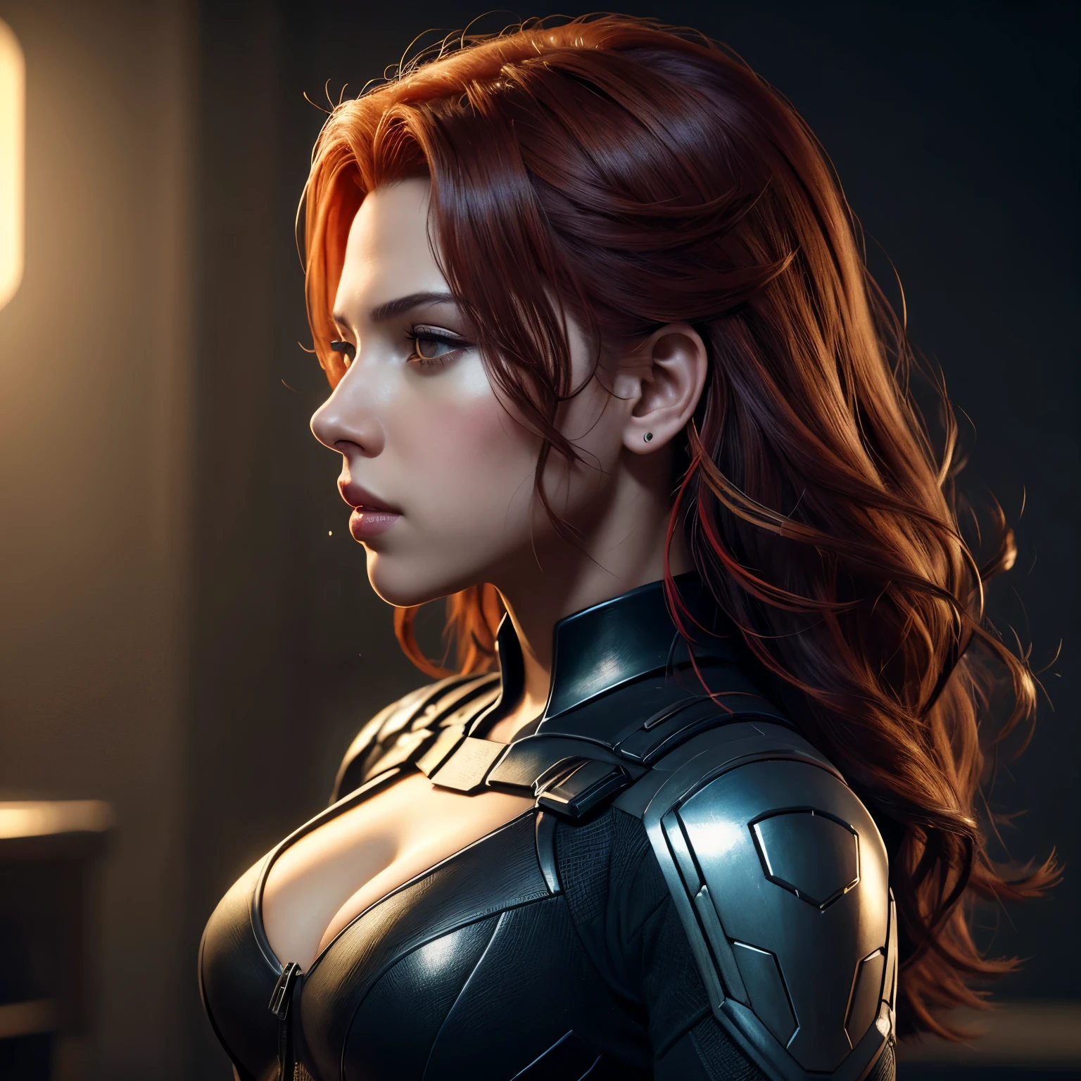 Scarlett Johansson plays Black Widow in the Marvel universe., In nature, Extremely detailed, Highly detailed Black Widow costume., High quality facial research, full body, high quality competition, (perfect body: 1.1), (short wavy hair: 1.2), Whole body, Comfortable pose, beautiful gesture, (Very detailed CG 8k wallpaper.), (Very delicate and beautiful), (Masterpiece), (best quality: 1.0), (Ultra-high resolution: 1.0),  beautiful light, perfect lighting, realistic shadows, [high resolution], Fine skin, Extremely detailed (((colorful))), digital art, Solid concept art of Metal Gear., Full concept art, concept artผู้เชี่ยวชาญพร้อมรายละเอียดสูง, concept art，such as Ernest Kalimov, concept artของเกม FPS, concept art, Craig Mullins style, Video game concept art, 8k, close up,red hair