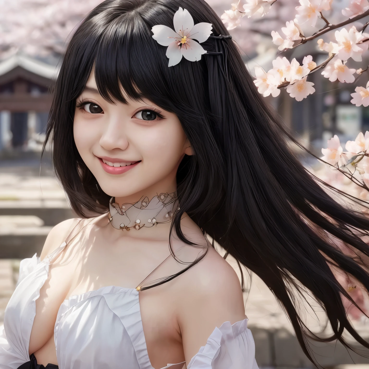 Black Hair、Long Hair、Second dimension beauty、Anime Women、Perfect Face、Masterpiece、Cherry blossom hair accessory、face forward and smile