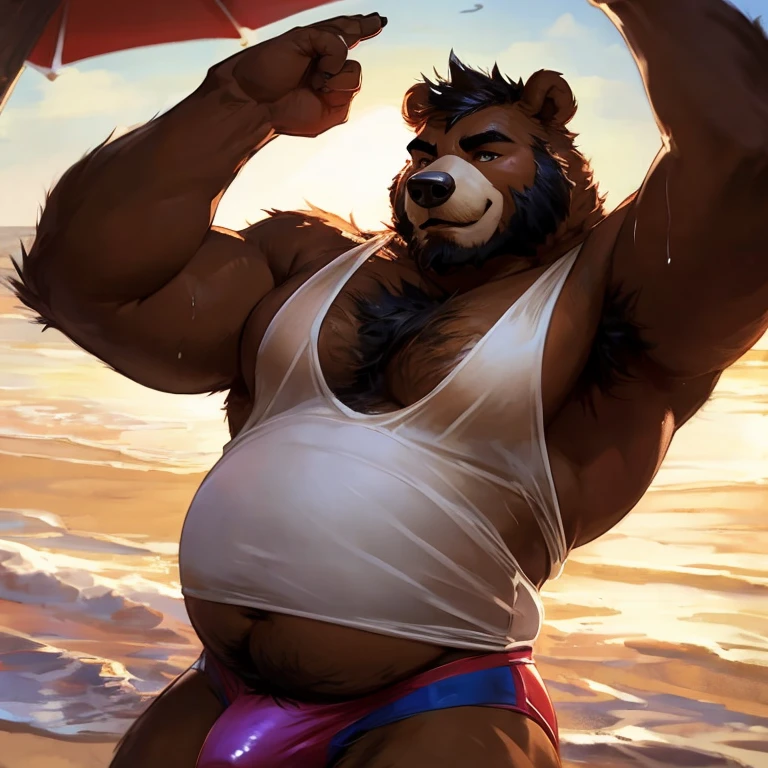 Chubby, furry,male , anthro bear, dark orange fur, cream fur, black hair, very plump, middle aged  , mouth covered mustache,Thick beard, seductive  , detailed , half body , tight tank top, lifted up, chest and belly exposed, naked, cum penis, extremely hot and sexy, eye ls half closed, black pupils, eye contact, seductive, horny, hot, white tank top, speedo, sweaty, beach setting, afternoon, blue sky, hot temperature, day time, one arm raised, hairy, by darkgem