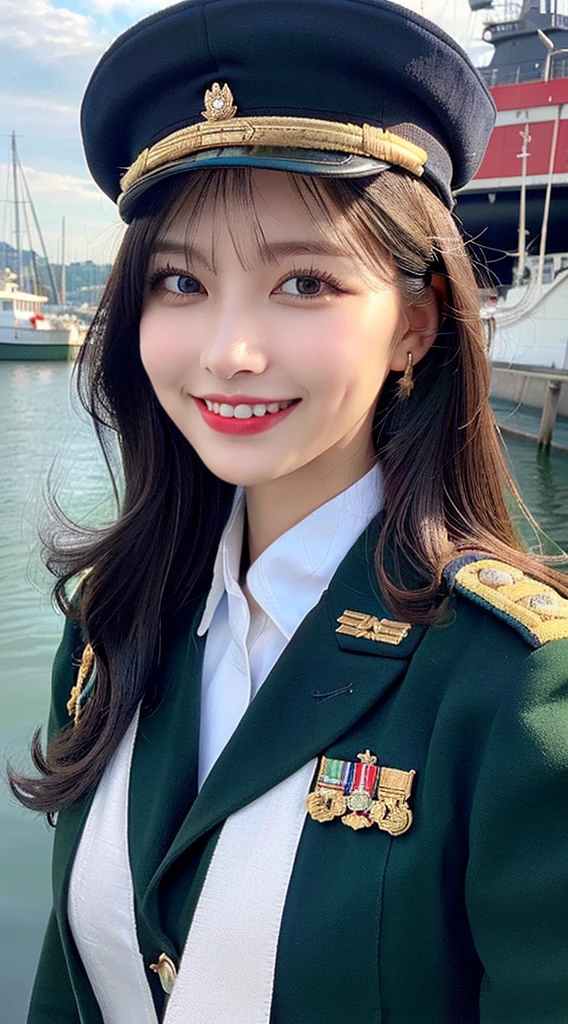 (UHD, retina, masterpiece, ccurate, anatomically correct, textured skin, super detail, high details, high quality, best quality, highres, 1080P, HD, 4K, 8k, 16k), (beautiful detailed eyes, beautiful detailed lips, extremely detailed eyes and face), studio lighting, physically-based rendering, vivid colors, (large breasts, glamorous body), (royal green color, naval uniform coat, rank insignia:1.5), (peaked cap:1.2), business shirt, gloves, (portrait, shiny hair, shiny skin, blush, hair blowing in the wind), (a harbor where ships ripple quietly, bokeh), eye reflection, jet black hair, (smile and laugh:1.5),