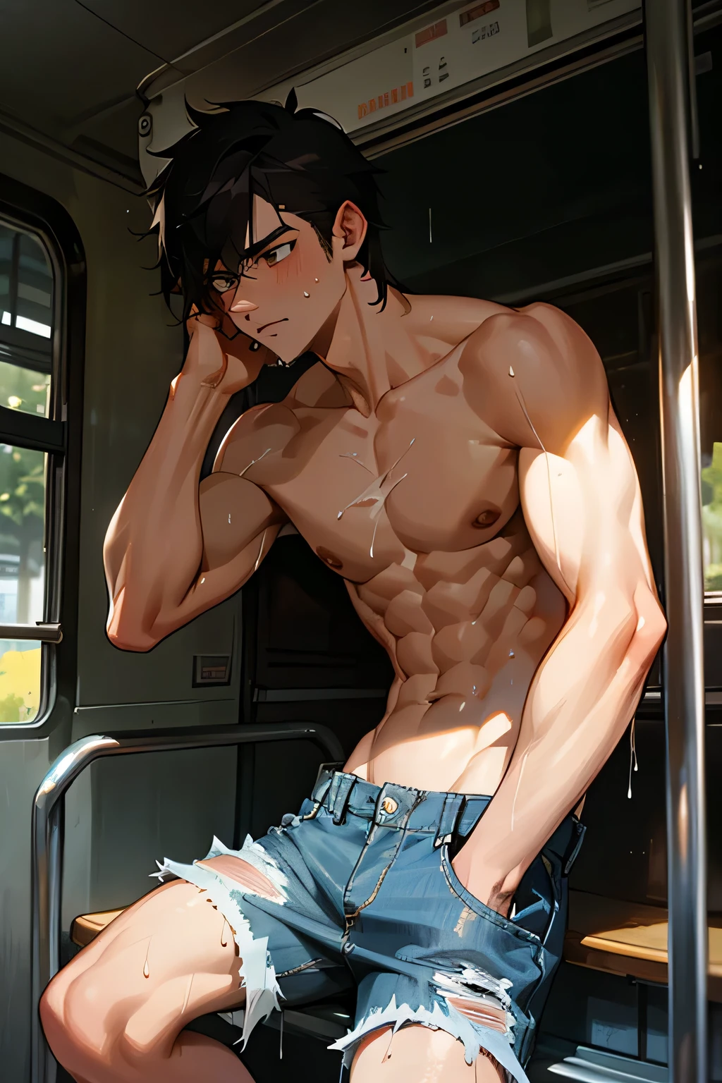 shirtless handsome manly short black hair caucasian male in tattered jeans and sneakers, shirtless, sweating profusely, drenched with sweat, exhausted, panting, inside the bus, inside the bus is crowded with people

