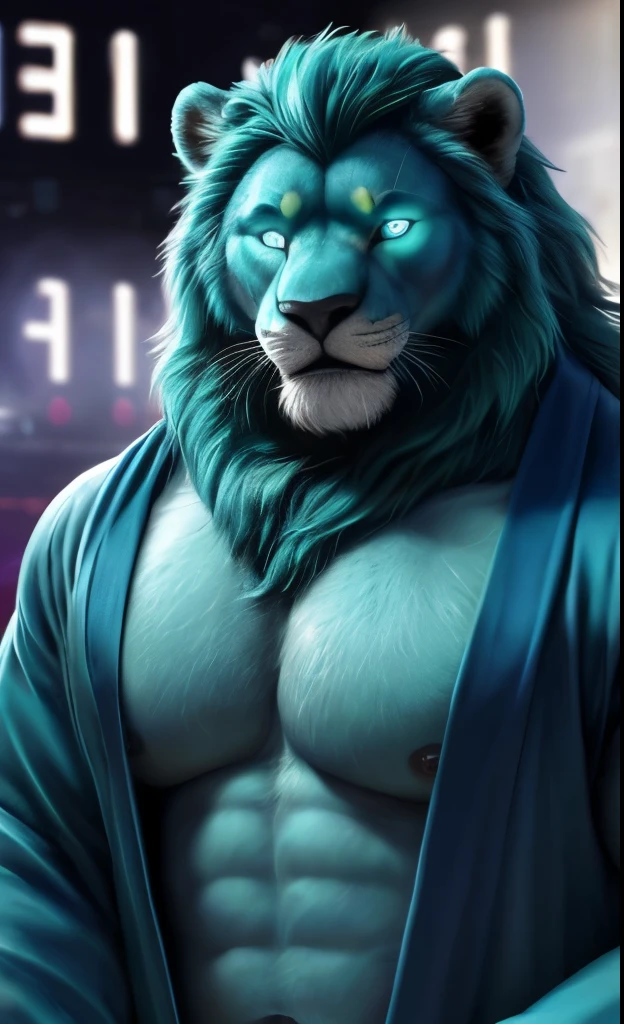 Teal Lion, Lion, anthro, portrait, (((full body portrait))), (open robe), (((teal robes))), showing chest, (((teal fur))), (((teal chest))), (((teal hair))), (((teal body))), (((teal mane))), digital numbers in background, big mane, teal eyes, (((glowing eyes))), bodybuilder body, male, (nipples), solo, adult, abs, big pecs, huge muscles, looking at viewer, front, detailed face, beautiful eyes, muscular chest, muscular pecs, muscular face, beefy, (((digital numbers background))), ((calmed face)), by bruteandbrawn, by personalami, by kenket, (intricate, high detail, film photography, soft focus, RAW candid cinema, photorealism, realistic, photorealistic, analog style, subsurface scattering, masterpiece, best quality, ultra realistic, 8k)