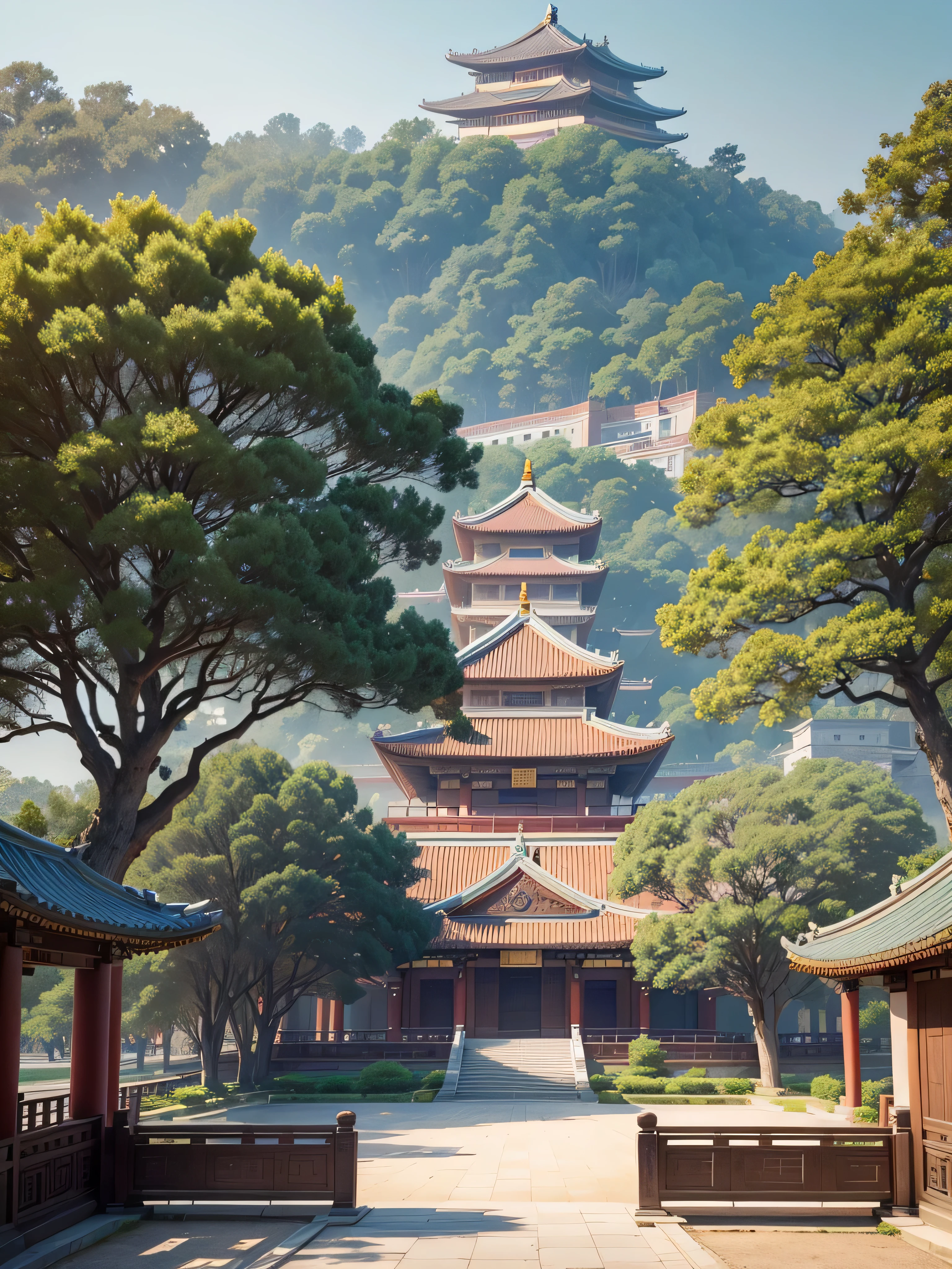 there is a bench and a tree in front of a building, palace background, temple background, background depicting a temple, royal garden background, zen temple background, random background scene, realistic establishing shot, korean traditional palace, city street view background, 2 d game environment design, park background, street background, chinese palace, town center background, the imperial palace