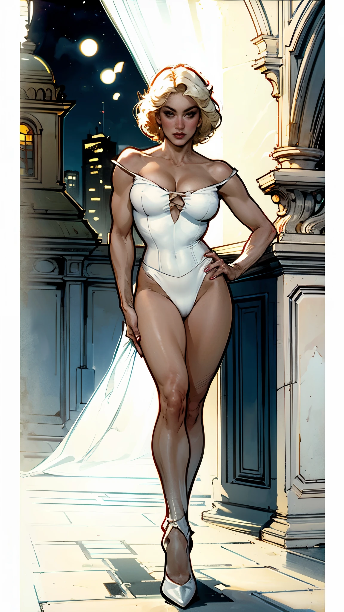 Madonna in comic book panel, bold lineart illustration comic, green eyes, parted lips, perfect body, tan skin, wearing beautiful and delicate white swinsuit with red lace, in the style of Adam Hughes, master-piece, beautiful young woman, blush, modern short blonde hair, blue eyes, red lipstick, dark eyeliner, looking at the viewer, cute, eyelashes, looking at the viewer, on the top of building, big city night background