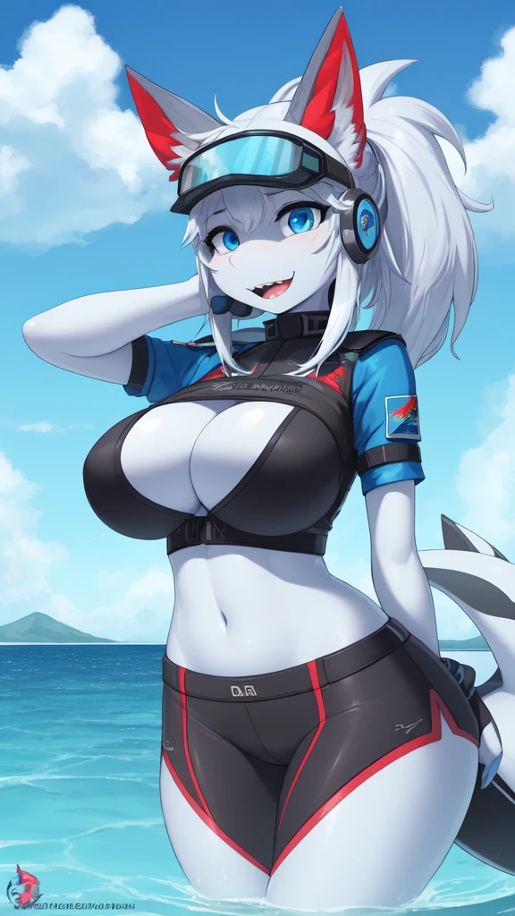 ((best quality, Masterpiece, perfect anatomy, Detailed pictures)), 1 female, arctic protogen, shark girl, Long visor, blue visor, blue eyes, sexy body, Big Pong, big breasts, Future military clothing, Shark tail, red red, shy, in the sea, front view