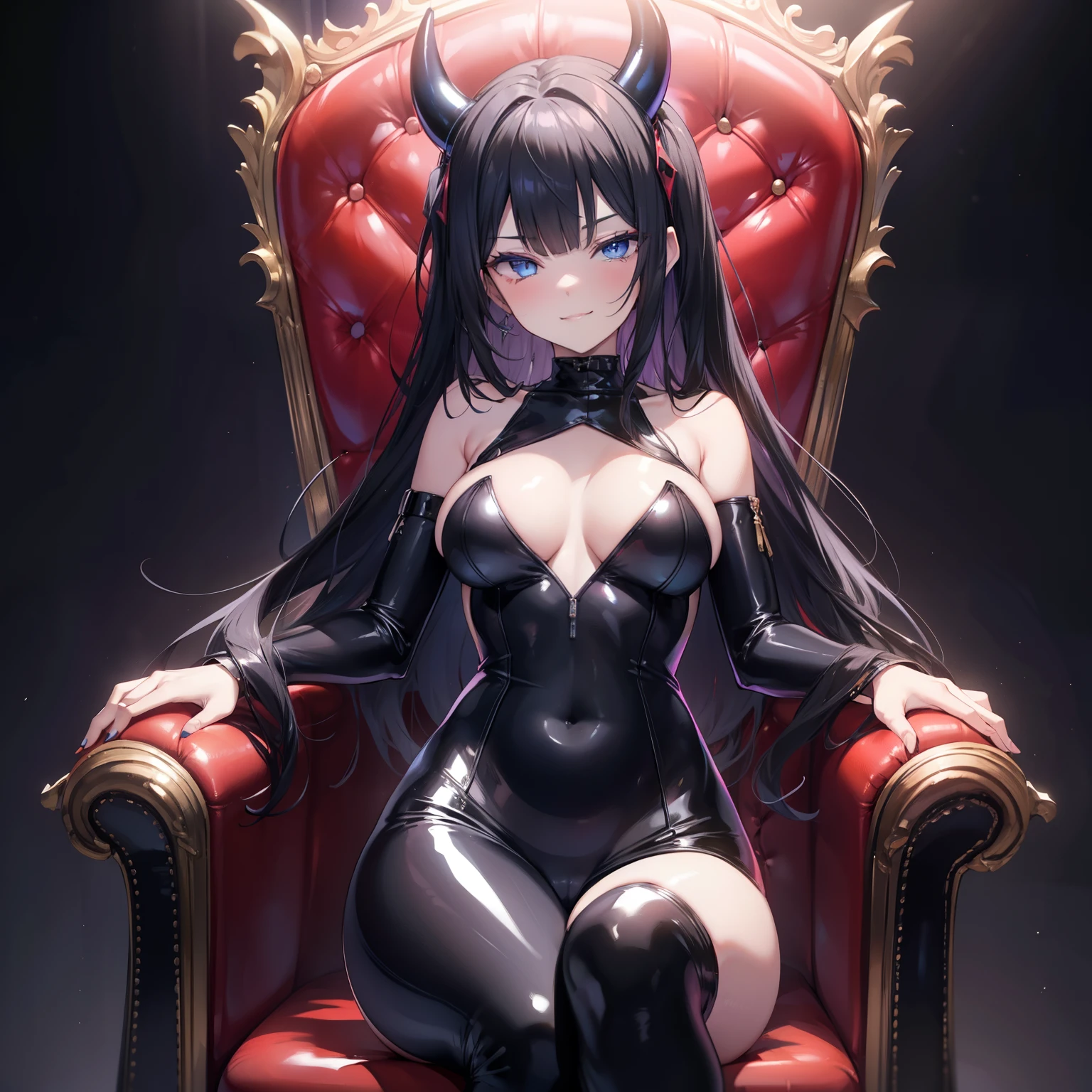 seductive naked lady with ample bosom and wearing slutty latex bodysuit, devil horns, black color scheme, black hair, blue eyes, smirk, sitting on throne