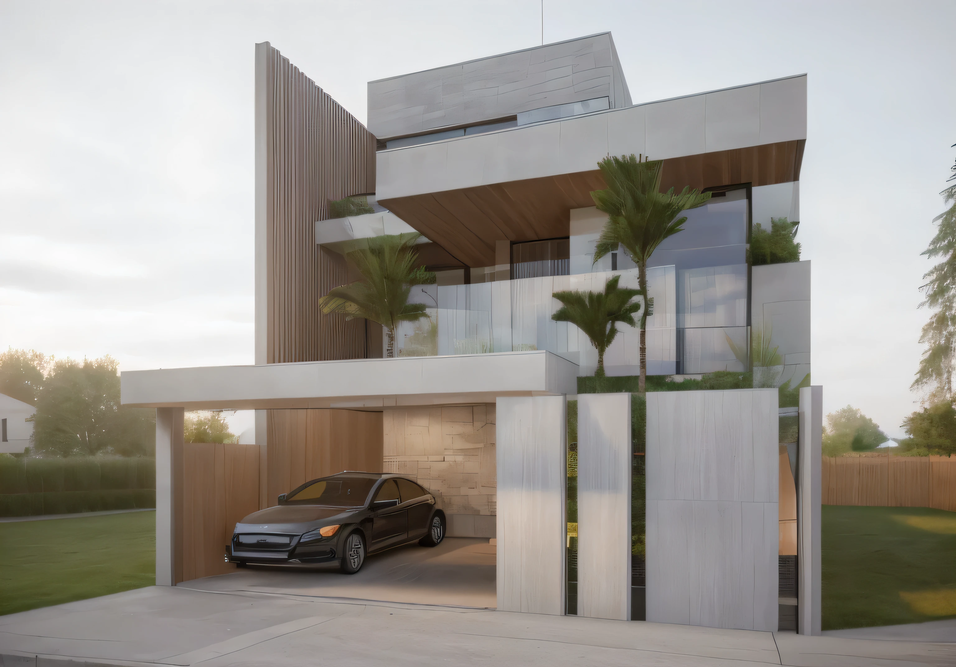 (chef-d&#39;artwork),(high quality), best quality, real,(realistic), super detailed, (Full details),(4k),8K,Modern house exterior design,Architecture moderne,sandstone,Paroi blanche,beau_ciel,day light, Non_humains, en plein air,ciel,arbre,Garden flower in front of the building,Organic, Prairie, Modernism
