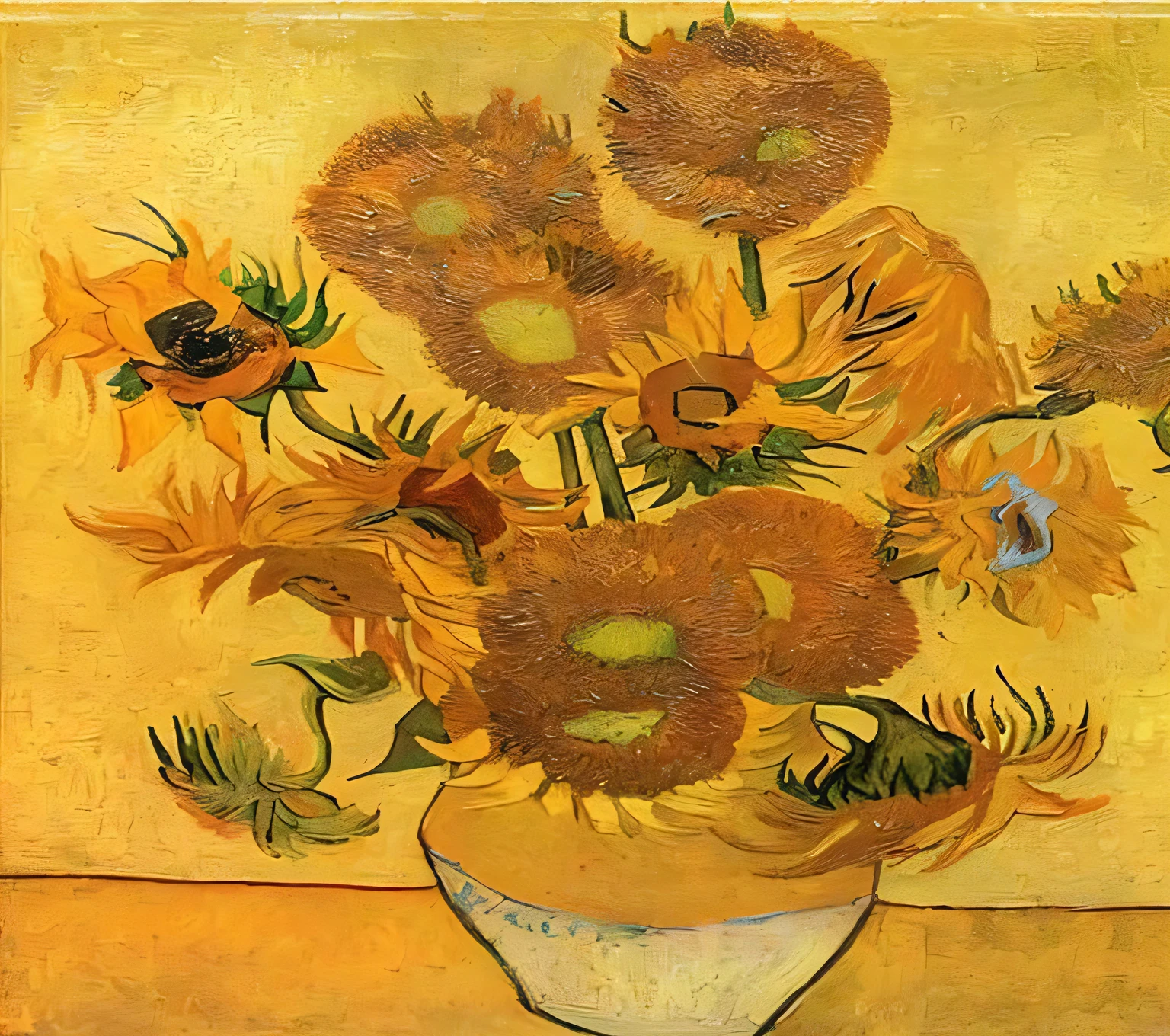 painting of a vase with sunflower in it on a table, van gogh, vincent·van gogh, vincent van gogh paintings, van gogh paintings, vincent van gogh!!!, style of vincent van gogh, van gogh style, sunflower, van gogh, van gogh art style, van gogh style, vincent van gogh style, vincent, inspired vincent·van gogh