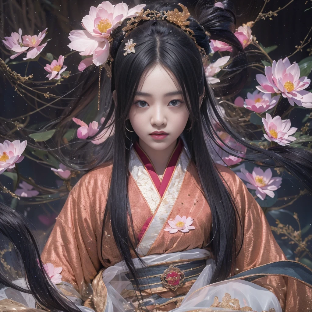 32K(tmasterpiece,k hd,hyper HD,32K)Long flowing black hair,ponds,zydink, a color, Aozhou people (Concubine girl), (Silk scarf), Combat posture, looking at the ground, long whitr hair, Floating hair, Carp pattern headdress, Chinese long-sleeved clothing, (abstract ink splash:1.2), Pink petal background,Pink and white lotus flowers fly(realisticlying:1.4),Black color hair,The background is pure, A high resolution, the detail, RAW photogr, Sharp Re, Nikon D850 Film Stock Photo by Jefferies Lee 4 Kodak Portra 400 Camera F1.6 shots, Rich colors, ultra-realistic vivid textures, Dramatic lighting, Unreal Engine Art Station Trend, cinestir 800,Long flowing black hair,Denim skirt