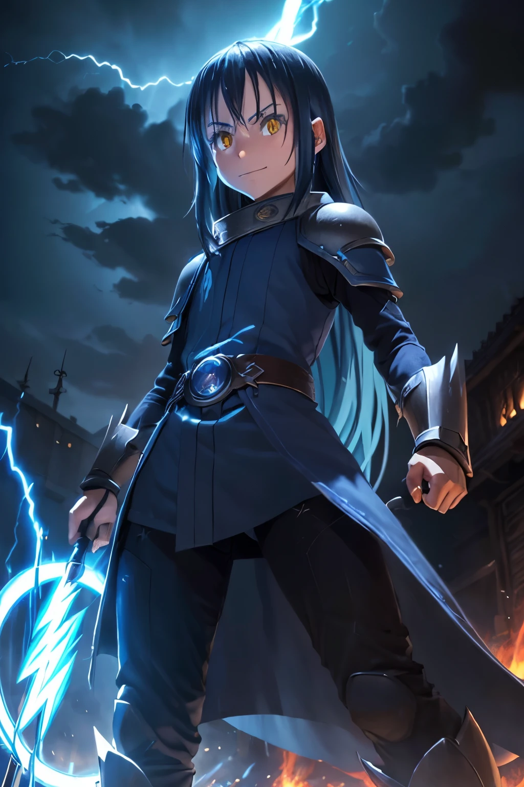 (best quality,highres:1.2), detailed fantasy art,serious expression,robot-like eyes,long black hair,evil smile, fighting stance, rimuru tempest de tensei shitara slime datta ken, cuerpo de hombre joven, adolescente, el cabello es celeste, los ojos son de robot, detailed fantasy art, postura de lucha, cuerpo completo, fuego alrededor, It's night and there is lightning in the sky, Rimuru tiene un aura de dios,