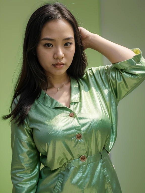 Asian girl, wide forehead, chubby, real person, 30 year old girl, flashy outfit, light green background