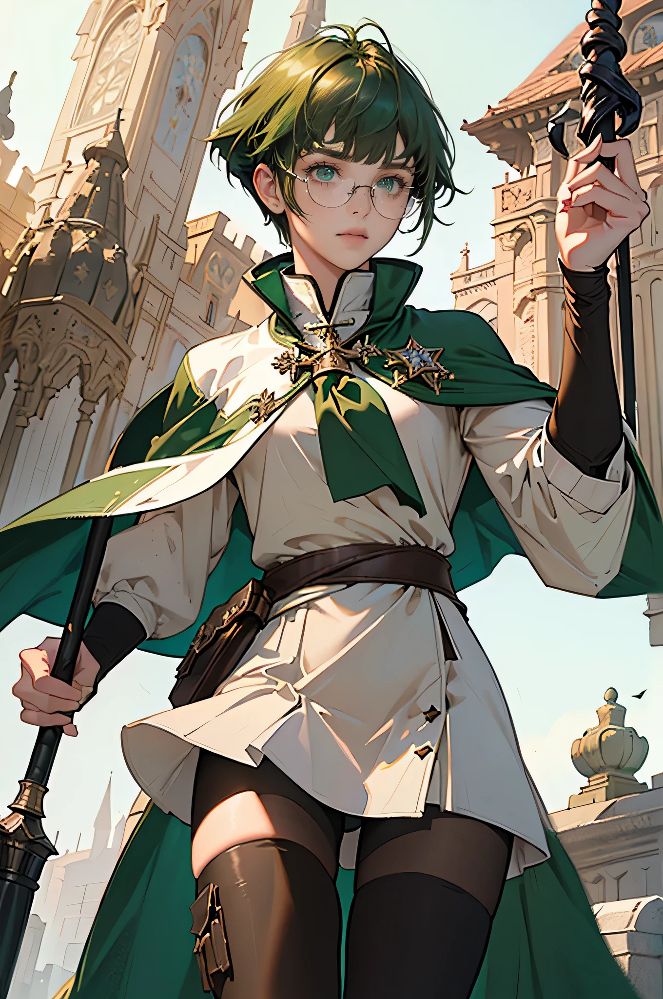 masterpiece, ultra detailed, 8k portrait, RAW photo, portrait photography, highly detailed face, beautiful and meticulous eyes, ((Fantasy)), Young beautiful, , girl, dynamic pose, (((short deep green bobbed hair))), blunt bangs, White skin color, glasses, Luxury, (((tunic and short skirt))), (((brown cape))), (((little waist hip pouch))), (((dark thigh high tights))), high cut leather boots, ((holding long magical staff)), Midday Sun, hyper realistic, slender body, flat chest, Long legs, on the medieval road, Ambient lighting, Shadow details , Camera focus on face, strong breeze, Light fog