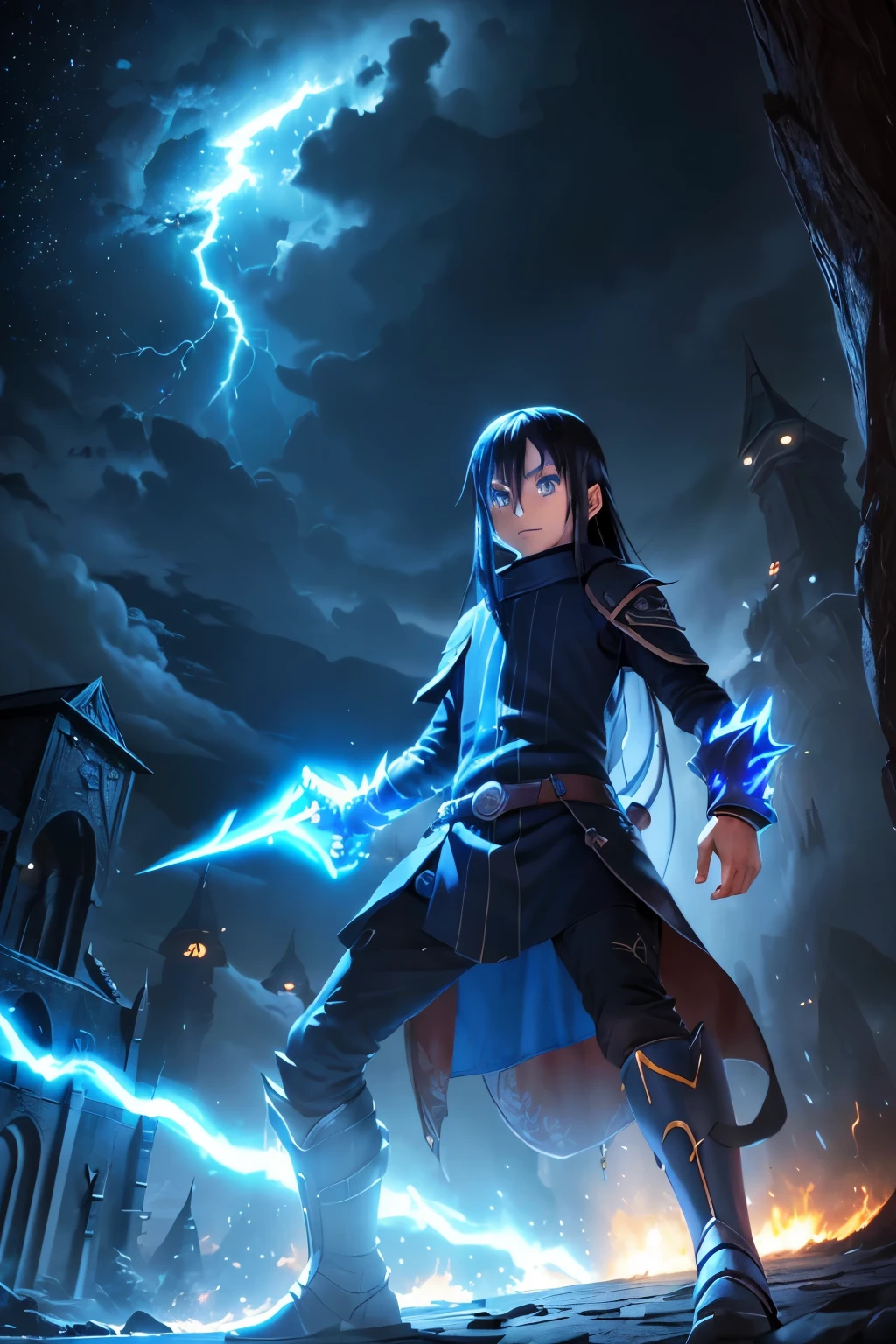 (best quality,highres:1.2), detailed fantasy art,serious expression,robot-like eyes,long black hair,evil smile, fighting stance, rimuru tempest de tensei shitara slime datta ken, cuerpo de hombre joven, adolescente, el cabello es celeste, los ojos son de robot, detailed fantasy art, postura de lucha, cuerpo completo, fuego alrededor, It's night and there is lightning in the sky, Rimuru tiene un aura de dios,