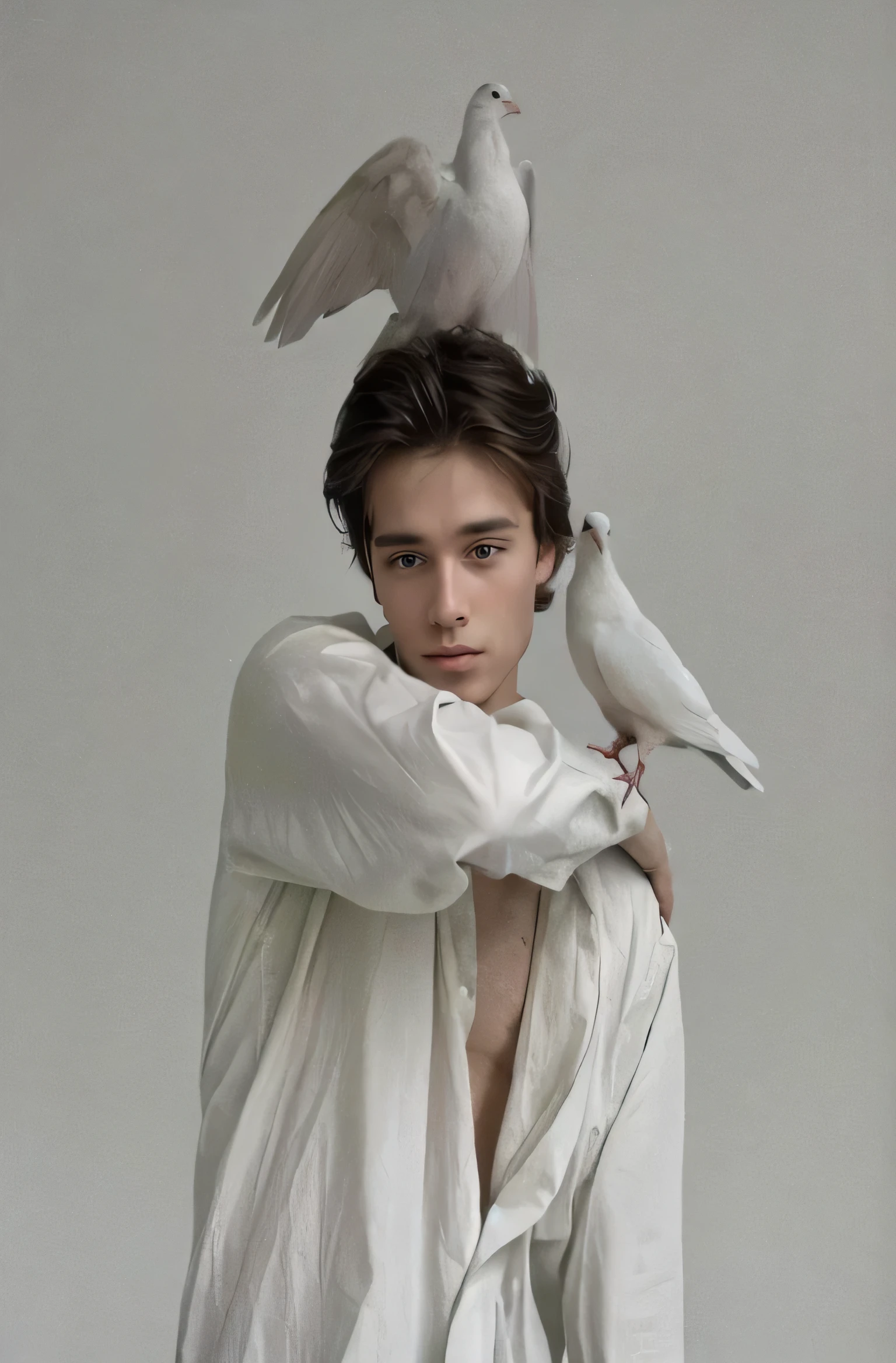 Arafed man with white shirt and two white birds on his shoulders., delicate androgynous prince, maxim sukharev, bird on your shoulder, monia merlo, winged , alexey egorov, beautiful androgynous prince, danila tkachenko, Marat Zakirov, inspirado por Egbert van der Poel
