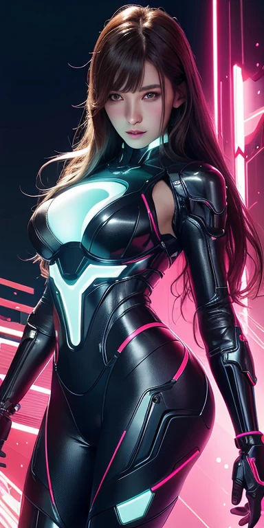 Realistic 8k.Picture only of the upper part,high resolution, Bright glare,1 woman, alone, hips up, half body,(detailed face), brown hair, long hair, Mecha Musume, mechanical parts, robot joint, single mechanical arm, Mechanical radius, Bikini body suit with many neon lights,A white bodysuit has several neon bulbs.,The chest armor body kit has 4 large electric bulbs.,With colorful lights There was a bright purple light.(Very bright)Colorful beams of light shoot from the armor.,Light radiated from the armor.,, city at night