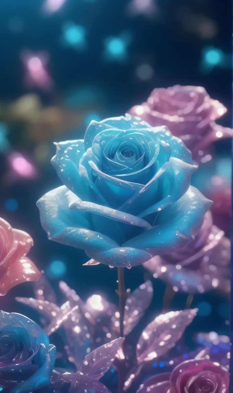Crystal fantasy, light blue rose, Rich colors,  toes up, neon, Countless crystal feathers fluttering in the air,
fantasy, galaxy, transparent, Shallow and deep, jade background blur, Glittering, Glittering, amazing, rich and colorful,
Amazing photography, Dramatic Lighting, Photorealism, Ultra Detailed, 4K, Every time, high resolution
