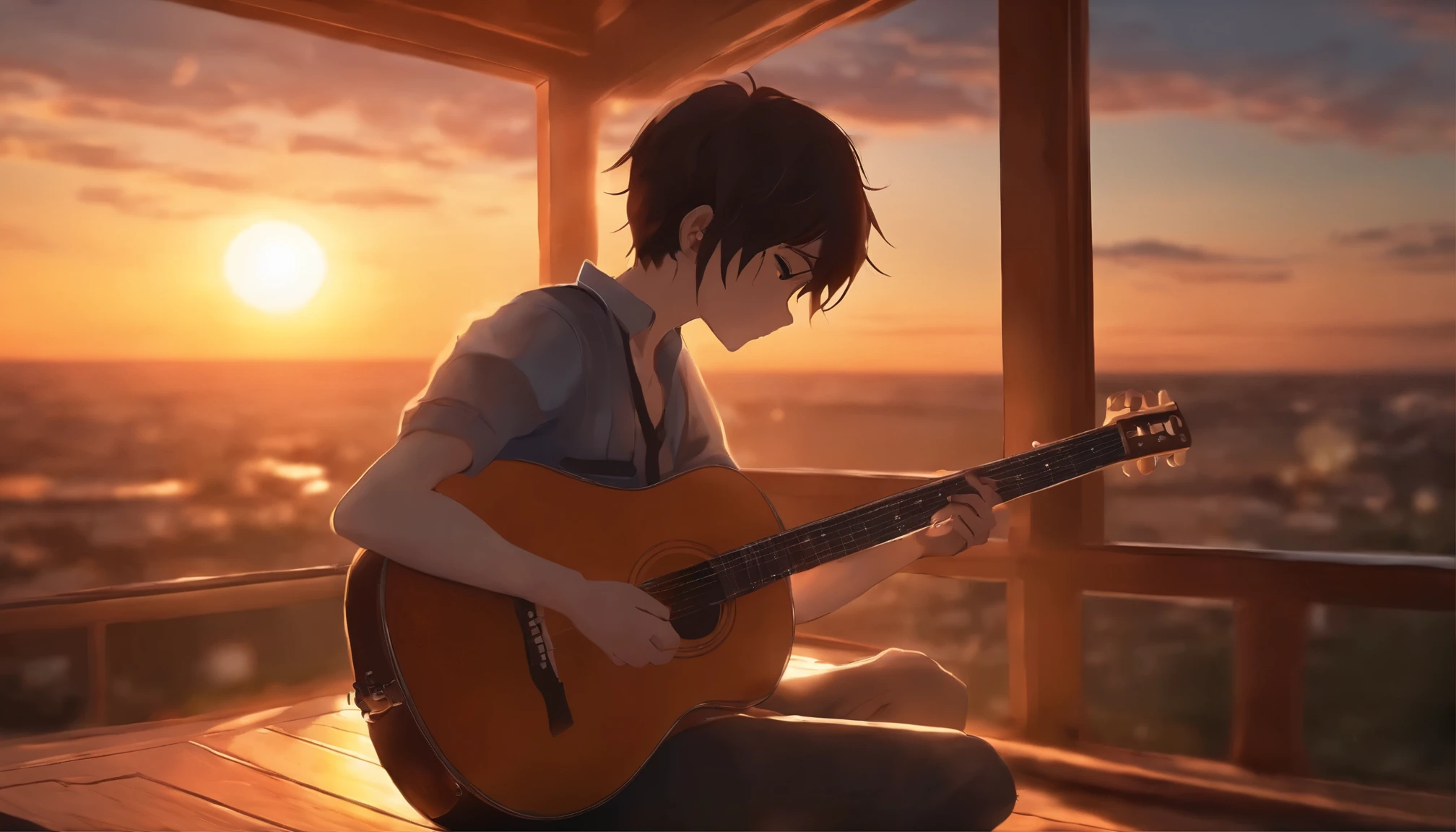 Anime boy sitting on the shelf and playing guitar at sunset, Anime Art Wallpapers 8K, anime art wallpaper 4k, anime art wallpaper 4k, 4k anime style, 4k anime wallpaper, 4k anime wallpaper, 4k anime wallpaper, Wallpaper Manga 4K Wallpaper, Makoto Shinkai Cirilo Rolando, Girl playing guitar, Loffy Boy