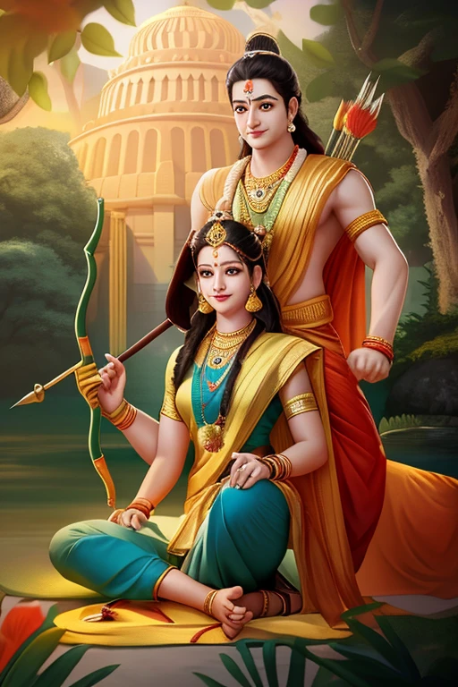 there is a painting of a couple of people sitting on a rock, from ramayan, hindu gods, ashoka tano, hindu art, vanara, sharandula, hindu god, temple background, inspired by Ram Chandra Shukla, portrait shot, indian god, hd art, leaked image, artemis, 1128x191 resolution , nearby setting Indian Prime Minister Narendra Modi