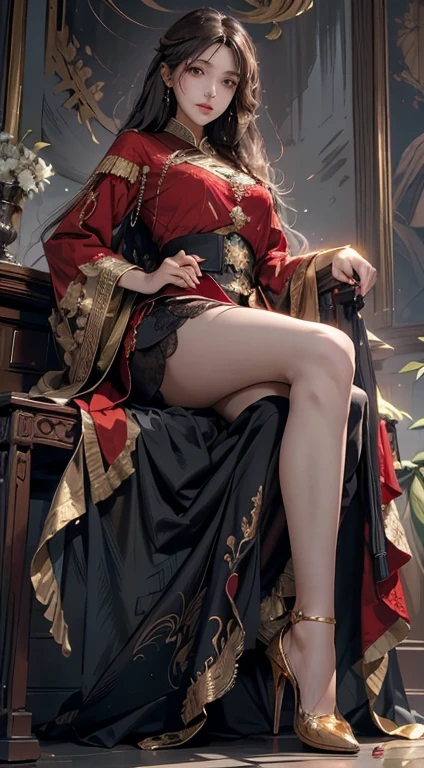 ((masterpiece, best quality)), Delicate face, Character Design Sheet,Full body love, Rich in details, Multiple poses and expressions, Very detailed, depth, many parts,beautiful girl,Movie Lighting,Luminescence,red and gold,Phoenix decoration,Gauze,Lace,Lace连裤袜,High heel