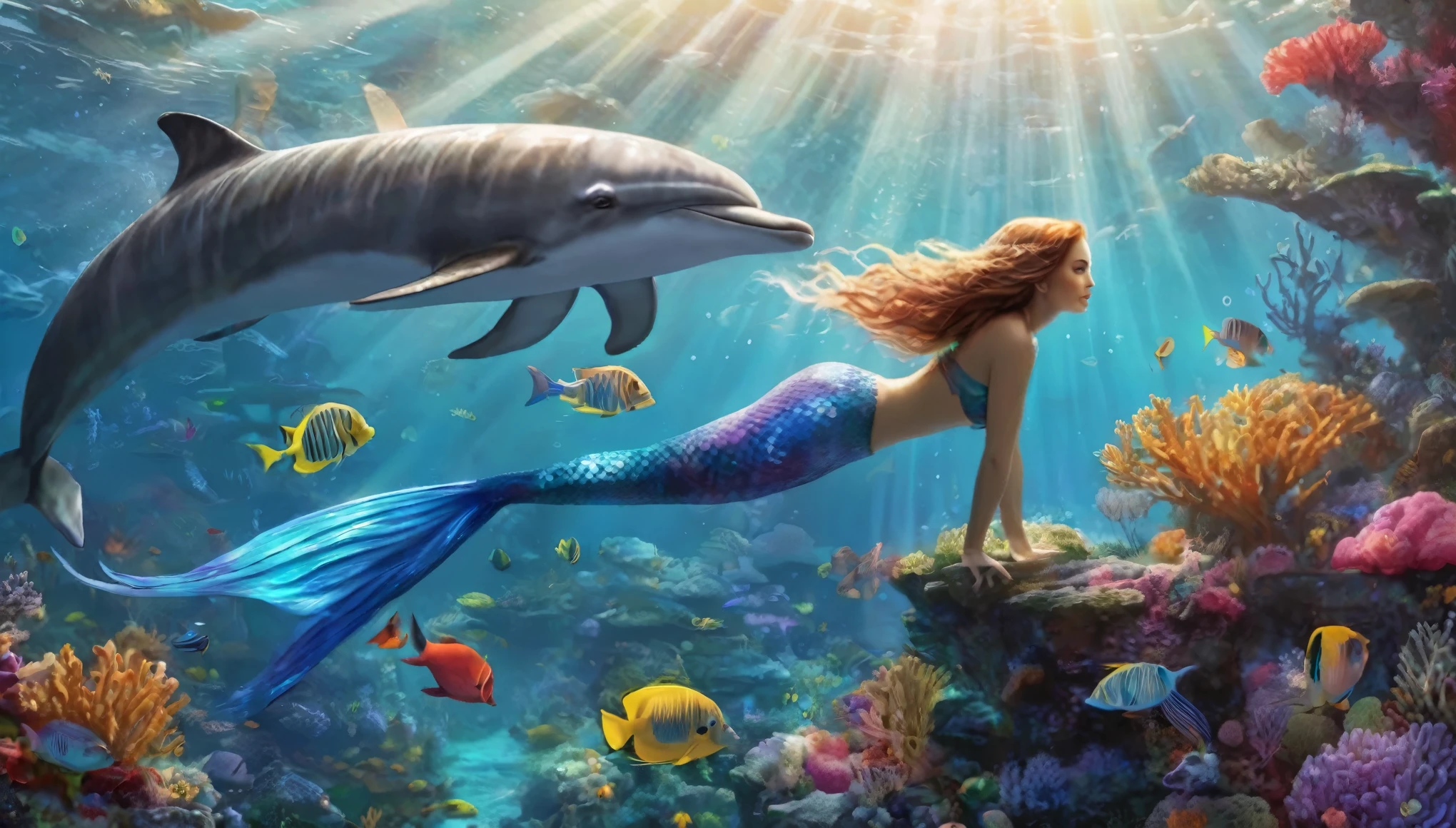 breathtaking A fantasy digital illustration of a mermaid gracefully swimming alongside a dolphin, vibrant coral reef below, rays of sunlight beaming down, colorful fish surrounding them, mystical and serene . award-winning, professional, highly detailed