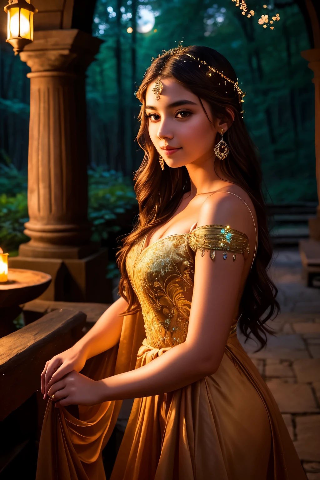In a tranquil glade, where nature intertwines with the mystical, stands a gracious girl of extraordinary beauty, donning a gown that shimmers with the hues of a setting sun. Her brown tresses cascade softly over her shoulders, dancing with the gentle illumination of two moons in the sky - a scarlet moon and a sapphire moon. The woodlands encompassing her come alive with the glow of countless fireflies, weaving an ambiance of pure enchantment. Her gaze, locked onto the camera lens, radiates a gentle smile, drawing the eyes to her remarkable eyes, sketched with striking accuracy and intricate detail. The girl's