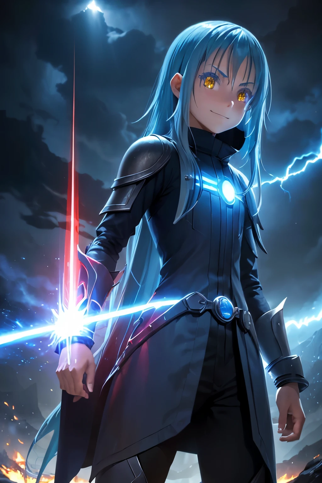 (best quality,highres:1.2), detailed fantasy art,serious expression,robot-like eyes,long black hair,evil smile, fighting stance, rimuru tempest de tensei shitara slime datta ken, cuerpo de hombre joven, adolescente, el cabello es celeste, los ojos son de robot, detailed fantasy art, postura de lucha, cuerpo completo, fuego alrededor, It's night and there is lightning in the sky, Rimuru tiene un aura de dios, red lens flare
