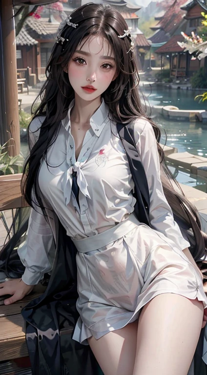 1 female,35 years old,Married woman,MILF,Plum,Very large breasts, solo,(background:pond,Cherry blossom forest,lotus)Stand up, She has short black hair,从front看,, partly cloudy,(((masterpiece),(Very detailed CG unified 8K wallpaper),Best quality,Movie Lighting,細緻的background,Beautiful and delicate eyes,Smart pupils,black eyes,Snow-white skin,Red lips(Very delicate and beautiful),(Beautiful and detailed description of the eyes),Ultra Detailed,masterpiece,))Facing the camera,high resolution,Ultra Detailed),Exposing breasts,only genitalia, Convex,Legs open,Convex起性感,camel toe,longing unsatisfied,front,navy,,(Wear:transparent ,see-through sailor suit,only ,)