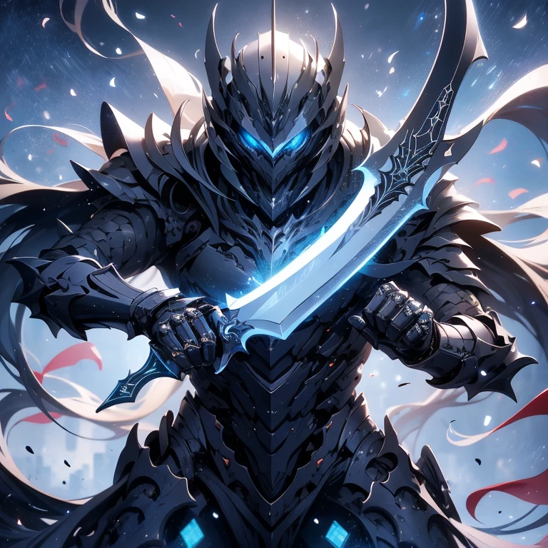 A majestic knight clad in sleek black mecha armor, wielding a gleaming, single-edged sword. His metallic body shines under the spotlight, reflections creating intricate patterns. The atmosphere is tense and dramatic, with a sense of impending battle. Ultra-detailed rendering, best quality, HDR, physically-based, sharp focus, extreme close-up. The knight's strong, defined features exude confidence as he prepares for combat. His piercing blue eyes meet yours with unwavering resolve, adding to the intensity of the scene.