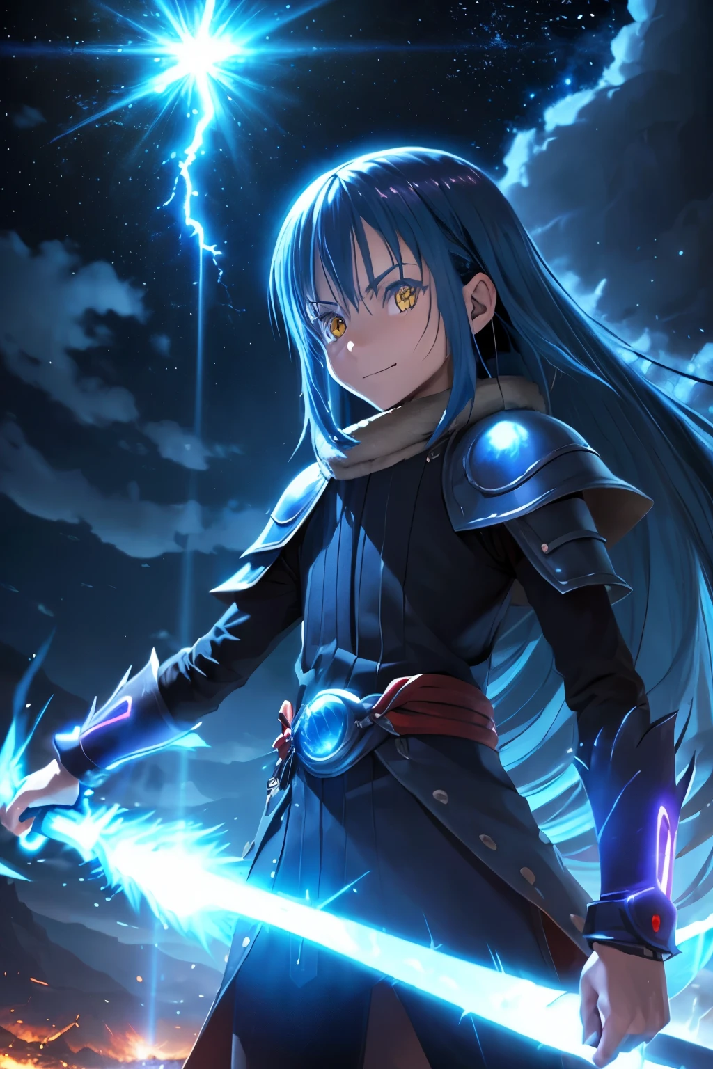 (best quality,highres:1.2), detailed fantasy art,serious expression,robot-like eyes,long black hair,evil smile, fighting stance, rimuru tempest de tensei shitara slime datta ken, cuerpo de hombre joven, adolescente, el cabello es celeste, los ojos son de robot, detailed fantasy art, postura de lucha, cuerpo completo, fuego alrededor, It&#39;s night and there is lightning in the sky, Rimuru tiene un aura de dios, red lens flare
