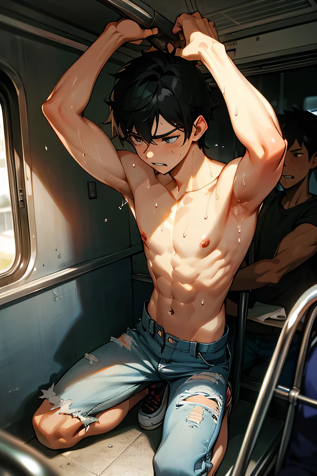 shirtless handsome manly short black hair caucasian male in tattered short jeans and sneakers, arms raised up above the head, shirtless, sweating profusely, drenched with sweat, exhausted, panting, kneeling inside the bus, inside the bus is crowded with people
