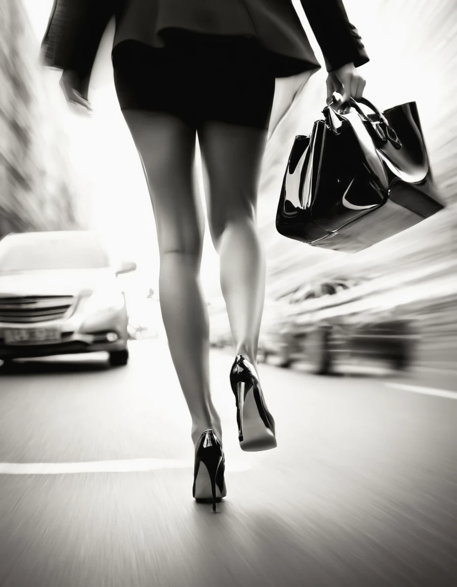 Motion blur, black and white close-up, white background, (back of a woman walking home in a hurry: 1.3), tilt-shift of (focus on legs and high heels)
Professional Fashion Photography, Super Macro, Long wavy hair with unusually rich and super fine textures, Poster style, Minimalist, Nikon, Hasselblad, Canon, Fuji, 16K, Street style, Beautifully detailed,illustration,Combining ink painting and photography,in style of Light painting,