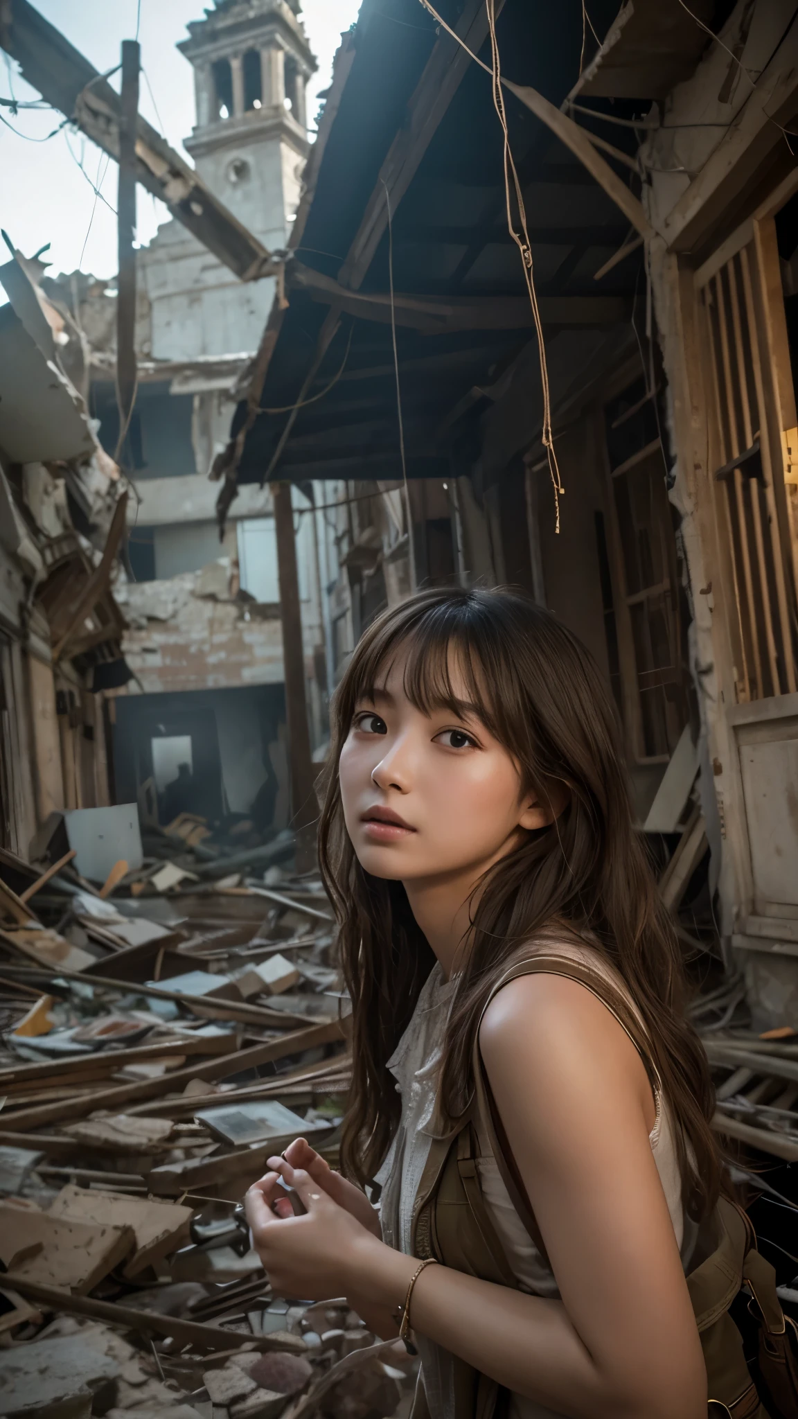 Ultra HD、highest quality、Photorealistic、A lightly dressed girl caught in a spider's web in the ruins