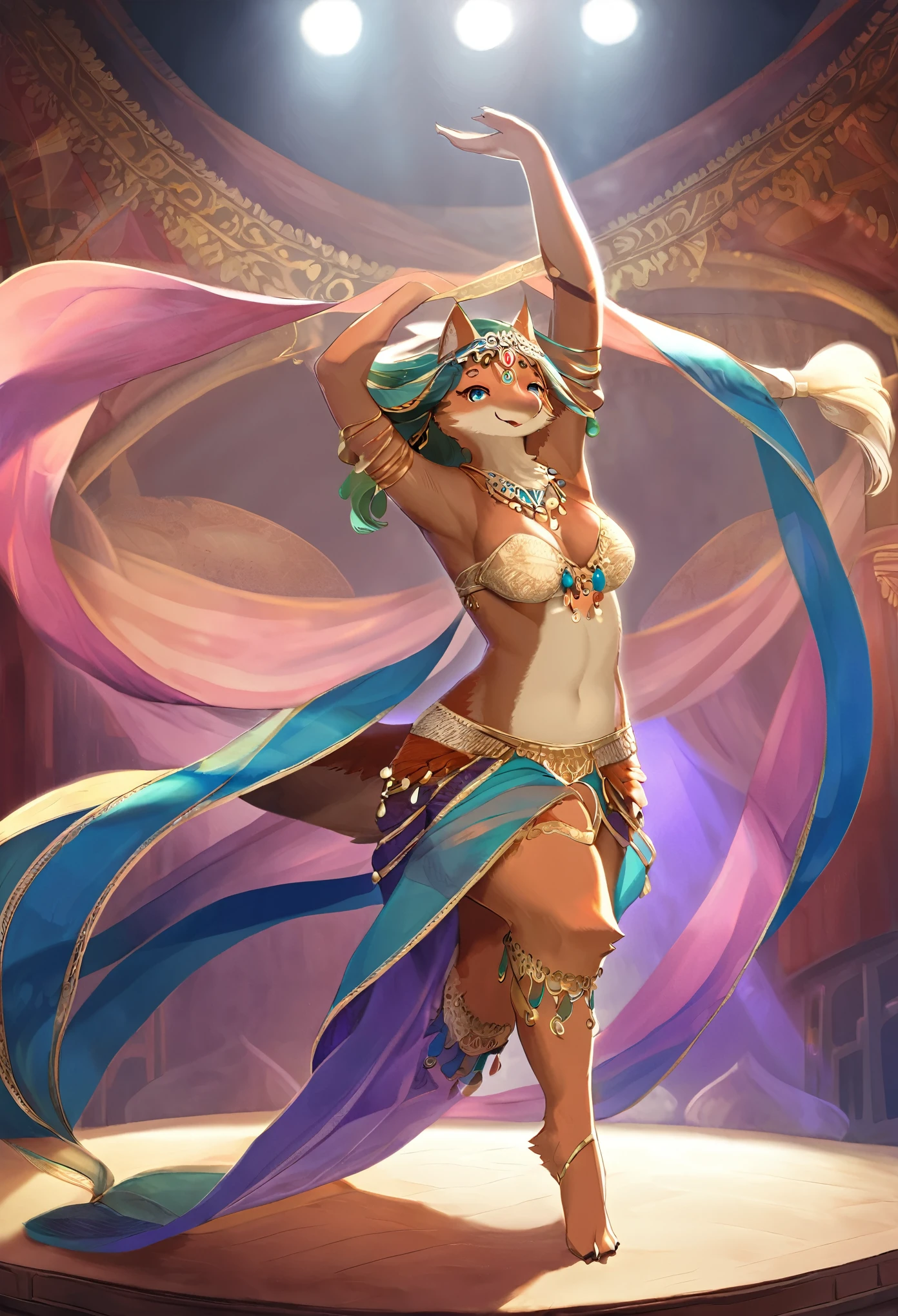 top quality, best quality, High-quality illustrations, masterpiece, super high resolution, detailed background, detailed background, Belly dancer, Raqs Sharqi, stage, Spotlight, Happy, joyful, absurdres(highly detailed beautiful face and eyes)perfect anatomy(kemono, furry anthro),