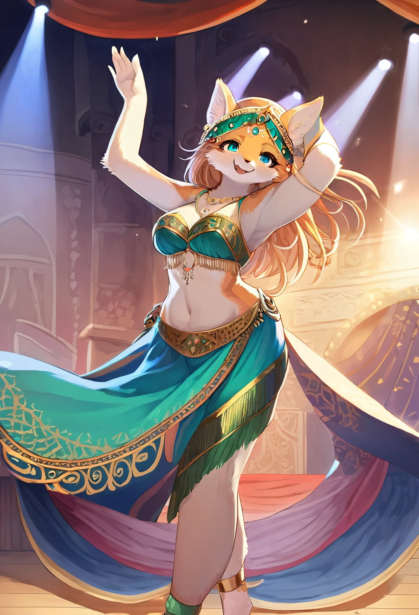 top quality, best quality, High-quality illustrations, masterpiece, super high resolution, detailed background, detailed background, Belly dancer, Raqs Sharqi, stage, Spotlight, Happy, joyful, absurdres(highly detailed beautiful face and eyes)perfect anatomy(kemono, furry anthro),