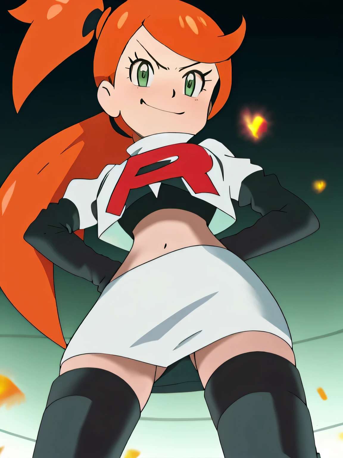 1girl, solo ,sonia, side ponytail,orange hair, heart hair ornaments, aqua eyes ,glossy lips, earings ,team rocket uniform, red letter R, white skirt,white crop top,black thigh-high boots, black elbow gloves, closed mouth, evil smile8k, masterpiece,highres,team rocket uniform, red letter r, white skirt,white crop top,black thigh-high boots, black elbow gloves, glaring angrily, looking down at viewer, hands on hips, cowboy shot, zettai ryouiki,from below, black panties,anime style, vivid colors, sharp focus, intense lighting,