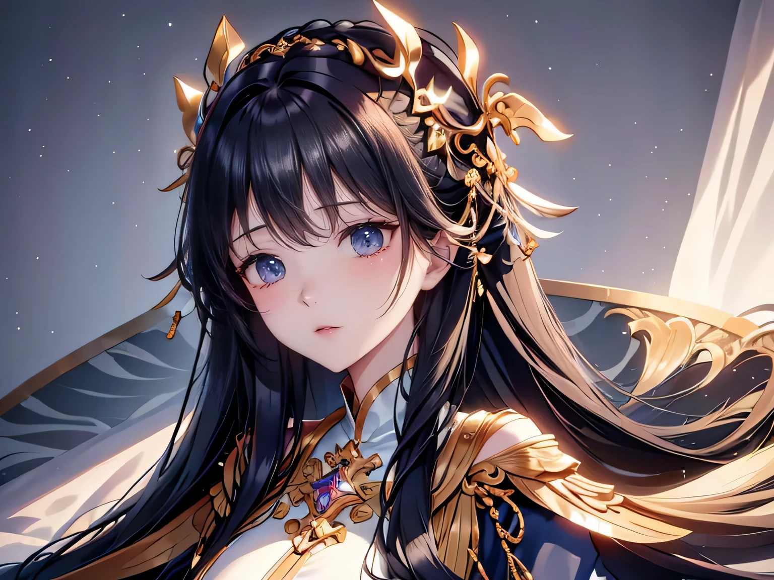 A girl,Long hair,Big wavy hair,Black Hair,high quality,High Detail,bust,Pure white background,Affectionate,Shy,sideways,Look at the audience,The face is neat