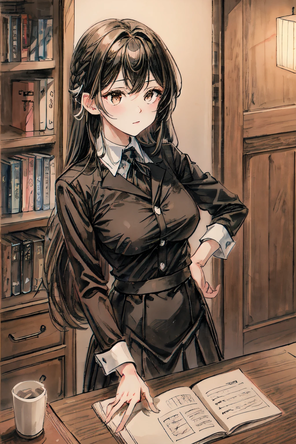 Realistic, 4K, high quality, kawaii, Graceful, 1 girl, solo, Long hair, bangs, hair ornament, Brown eyes, close view, from adove, serious, Night in office, In the 90s, 20 years old, Black Female director's office uniform, Medium breasts, BREAK half body with Background Style lora, (canvas.1:0), (oil painting.1:0)