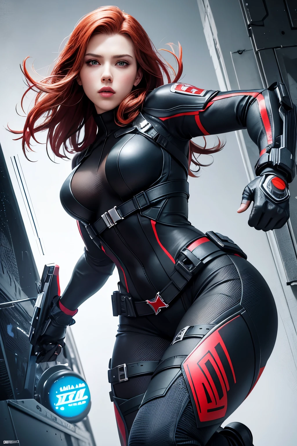 Scarlett Johansson plays Black Widow in the Marvel universe., In nature, Extremely detailed, Highly detailed Black Widow costume., High quality facial research, full body, high quality competition, (perfect body: 1.1), (short wavy hair: 1.2), Whole body, Comfortable pose, beautiful gesture, (Very detailed CG 8k wallpaper.), (Very delicate and beautiful), (Masterpiece), (best quality: 1.0), (Ultra-high resolution: 1.0),  beautiful light, perfect lighting, realistic shadows, [high resolution], Fine skin, Extremely detailed (((colorful))), digital art, Solid concept art of Metal Gear., Full concept art, concept artผู้เชี่ยวชาญพร้อมรายละเอียดสูง, concept art，such as Ernest Kalimov, concept artของเกม FPS, concept art, Craig Mullins style, Video game concept art, 8k,red hair, close up