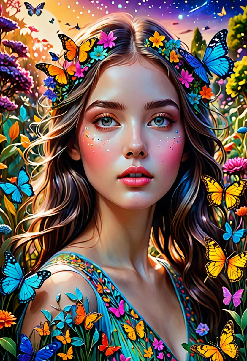 a girl close up, glowing shinny eyes with ultra long eyelashes, in a surreal and intricate garden of infinite possibilities, lost in a chaotic and unpredictable world, surrounded by vibrant and mesmerizing colors. The garden is filled with unique and peculiar plants and creatures, creating a sense of wonder and curiosity. 
The girl has deep and expressive eyes that are beautifully detailed, capturing the essence of her emotions and thoughts. Her lips are also beautifully detailed, reflecting her innermost desires and dreams. She has an aura of mystery and intrigue, drawing people towards her. Her face is extremely detailed, with long eyelashes that add to her captivating presence.

The garden is made with the highest level of craftsmanship, resembling a masterpiece of art. It combines various mediums such as illustrations, oil paintings, and 3D renderings, creating a visually stunning and immersive experience.

Every corner of the garden is filled with ultra-detailed elements, from the intricate textures on the petals of flowers to the fine details on the wings of butterflies. The level of detail is so high that it feels almost realistic and photorealistic. The colors are vivid and vibrant, with neon highlights that add a touch of excitement and futuristic aesthetics.

As the girl wanders through the garden, she is surrounded by an epic and complex landscape. The sky is filled with an abundance of stars, creating an ethereal and dream-like atmosphere. The transition between day and night is captured in the end of the sunset, where the colors blend harmoniously, creating a sense of tranquility and serenity.
This ultra HD artwork is a true masterpiece, capturing the essence of the girl's journey through the garden of random wonders. It is a visual representation of the infinite possibilities that lie within our dreams and the beauty that can be found in the most unexpected places.