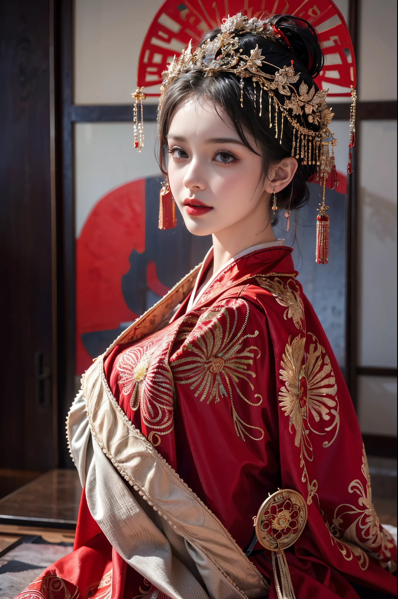 (Ultra-realistic 8K CG:1.2),Perfect artwork,delicate patterns,Complicated details,Heavy makeup,(Unbeatable masterpiece,Best quality at best:1.2),(extremly intricate:1.2),A beautiful cyberpunk woman,Woman in red and gold dress,(Expose legs1:1.2),Phoenix crown,hair stick,(sitting on red bed),cosmetics,Be red in the face,is shy,black_Hair,looking-down,cosmetics,(forehead dot),(2 red candles),Chinese_clothes,curtain,耳Nipple Ring,Hair_decorations,Hanfu,inside in room, jewely,rednails,Long_Sleeves,reddress,Redlip,nipple tassels,(Red quilt),(red palace:1.2),(Chinese Ancient Architecture),(rot:1.8),natta