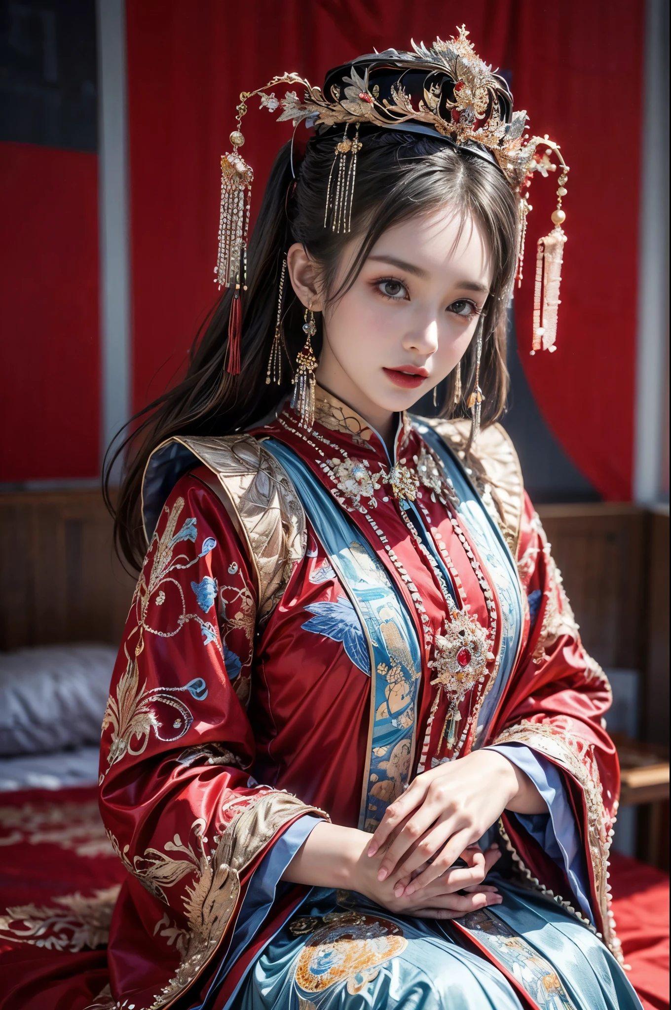(Ultra-realistic 8K CG:1.2),Perfect artwork,delicate patterns,Complicated details,Heavy makeup,(Unbeatable masterpiece,Best quality at best:1.2),(extremly intricate:1.2),A beautiful cyberpunk woman,Woman in red and gold dress,(Expose legs1:1.2),Phoenix crown,hair stick,(sitting on red bed),cosmetics,Be red in the face,is shy,black_Hair,looking-down,cosmetics,(forehead dot),(2 red candles),Chinese_clothes,curtain,耳Nipple Ring,Hair_decorations,Hanfu,inside in room, jewely,rednails,Long_Sleeves,reddress,Redlip,nipple tassels,(Red quilt),(red palace:1.2),(Chinese Ancient Architecture),(rot:1.8),natta