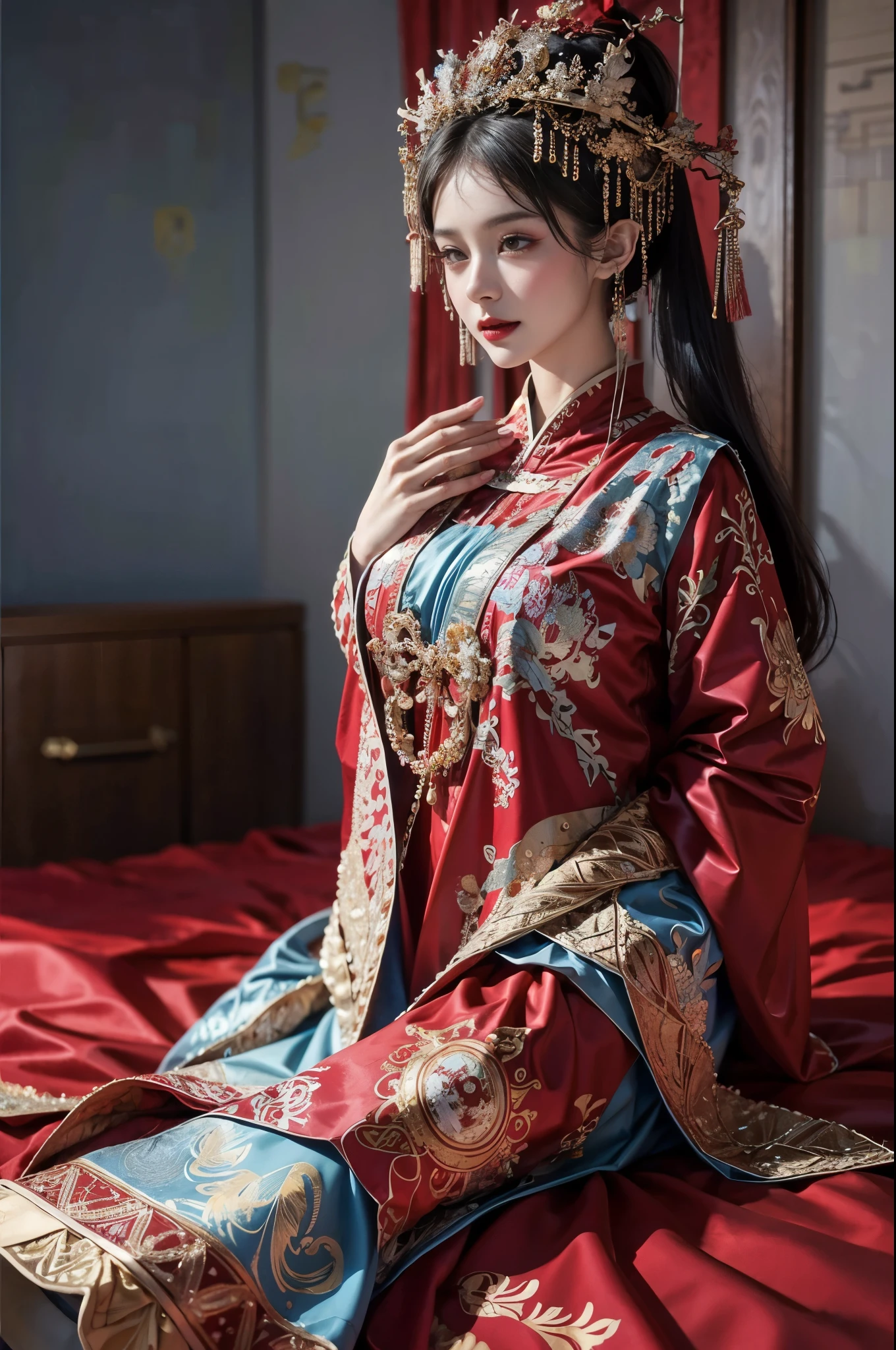 （Ultra-realistic 8K CG：1.2），Perfect artwork，delicate patterns，Complicated details，Heavy makeup，（Unbeatable masterpiece，Best quality at best：1.2），（extremly intricate：1.2），A beautiful cyberpunk woman，Woman in red and gold dress，（Expose legs1:1.2），Phoenix crown，hair stick，（sitting on red bed），cosmetics，Be red in the face，is shy，black_Hair，looking-down，cosmetics，（forehead dot），（2 red candles），Chinese_clothes，curtain，耳Nipple Ring，Hair_decorations，Hanfu，inside in room， jewely，rednails，Long_Sleeves，reddress，Redlip，nipple tassels，（Red quilt），（red palace：1.2），（Chinese Ancient Architecture），（rot：1.8），natta