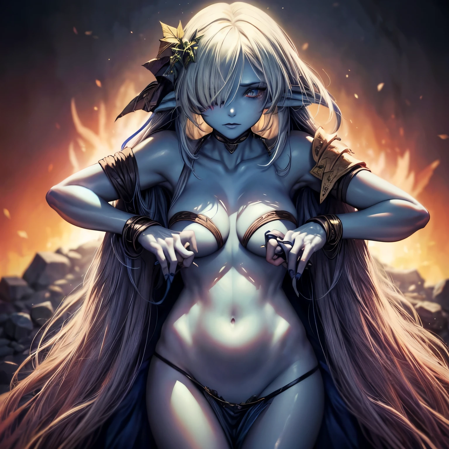 ((D&D)), ((goleaf woman)), ((Four hands)), ((blue skin)), (torn clothes made of hide), (daggers weapons), (long hair), ((very beautiful)), (bandages), ((age 27)), (hair over eyes), (hair over eyes), (hair over one eye)